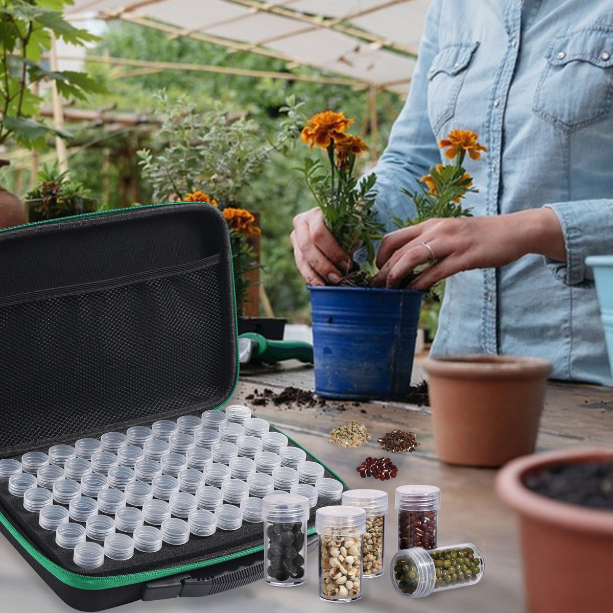 Douorgan compact 60-bottle organizer keeps seeds ready for the garden.