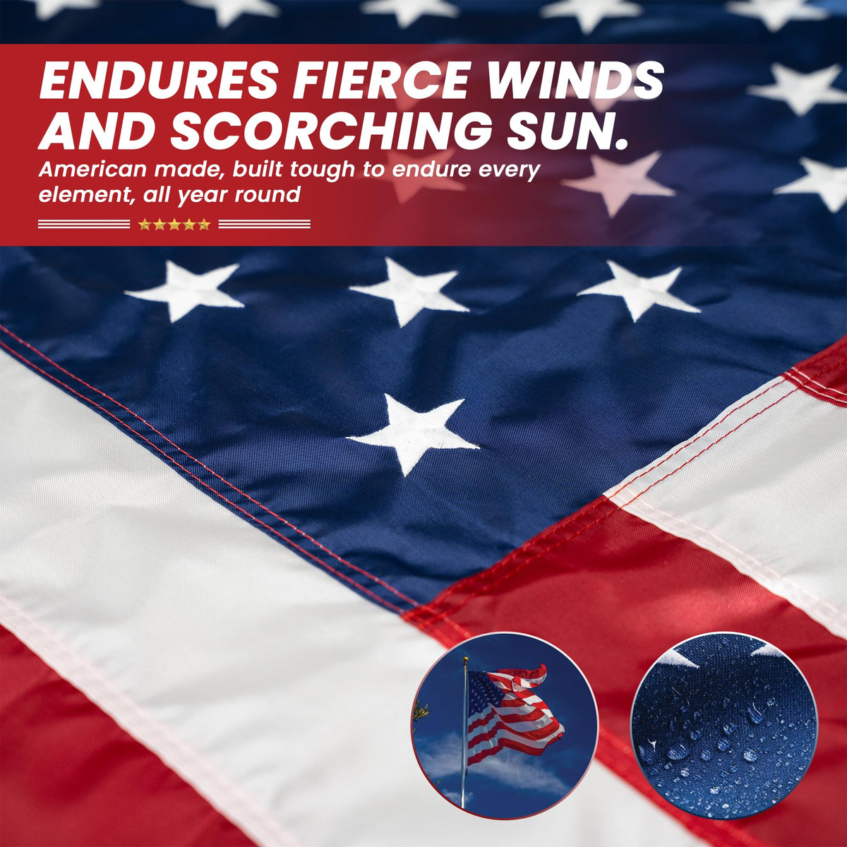 DOVER FLAG US-sourced materials crafted into Wisconsin-made flag.