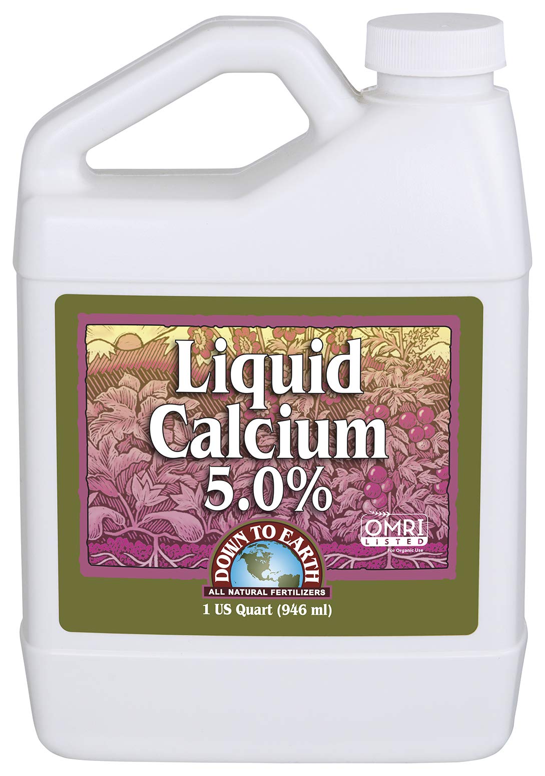 Down To Earth Calcium Liquid bottle pour shows easy calcium delivery to leaves and stems.