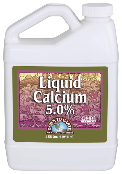 Down To Earth Calcium Liquid bottle pour shows easy calcium delivery to leaves and stems.