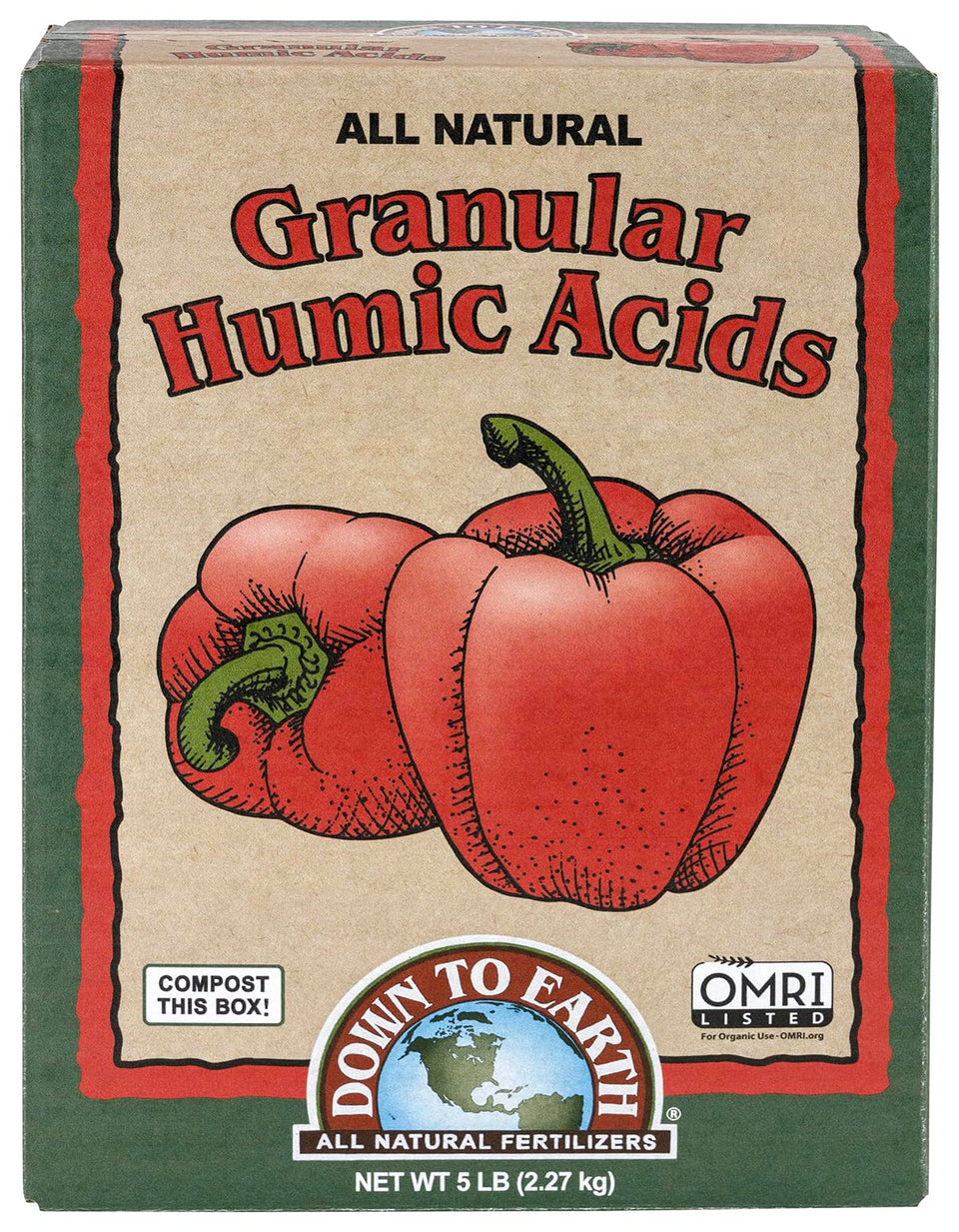 Down To Earth Humic Acids granular bag front for sustainable soil amendment.