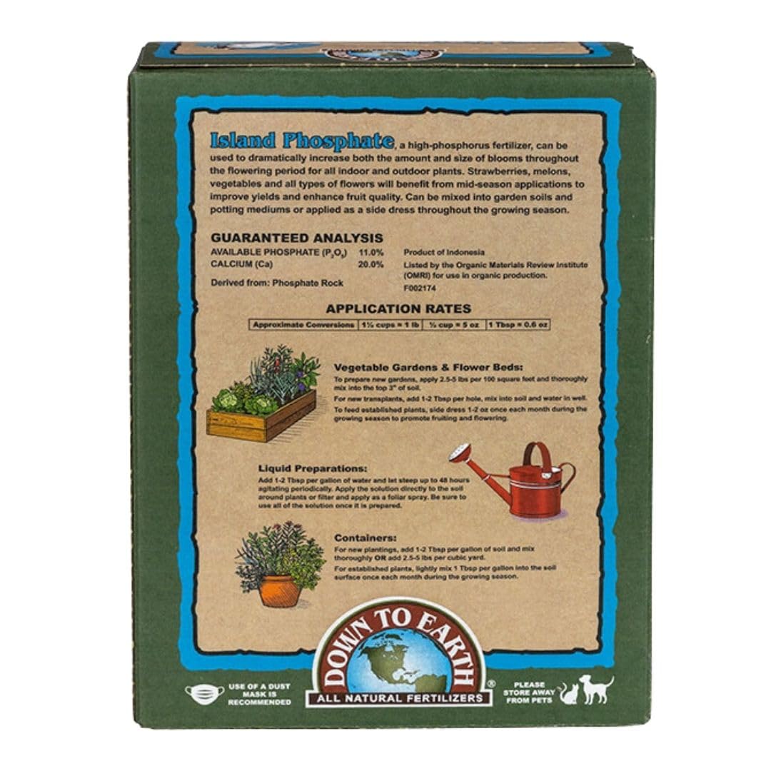 Down To Earth Island Phosphate seabird guano granules support phosphorus delivery for healthy flowering.