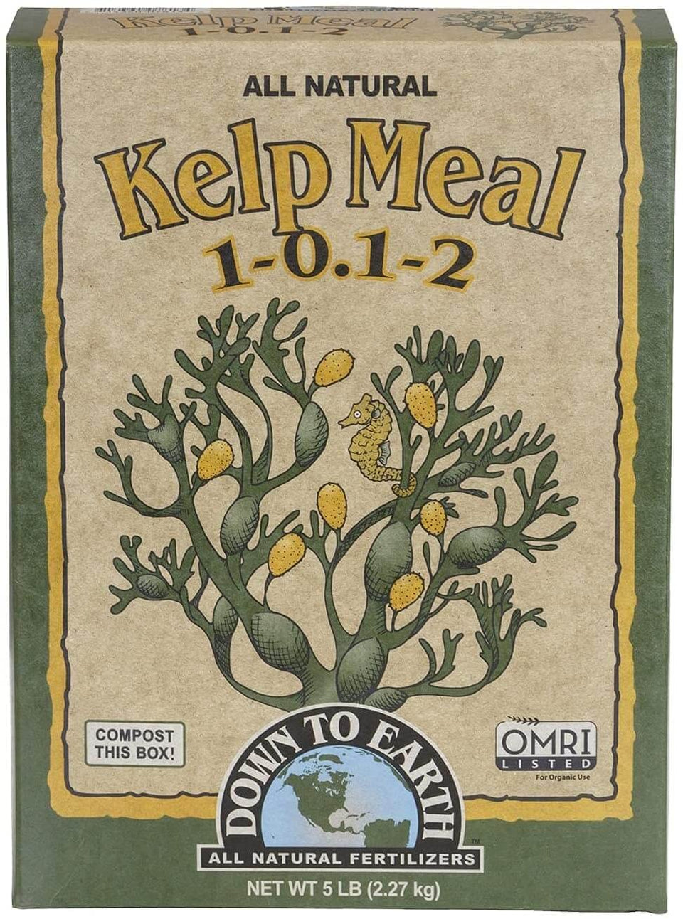 Down To Earth Kelp Meal 5 lb bag supports soil enrichment and organic garden nutrition.