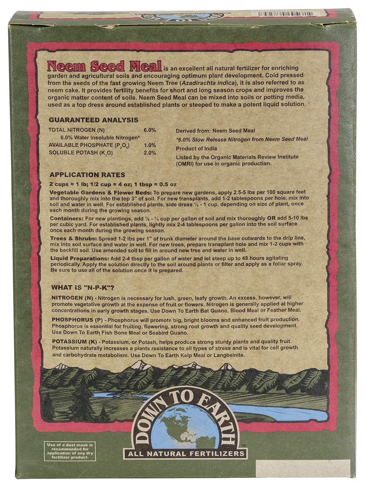 Down To Earth Neem Seed Meal bag back label with product details