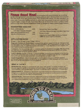 Down To Earth Neem Seed Meal bag back label with product details