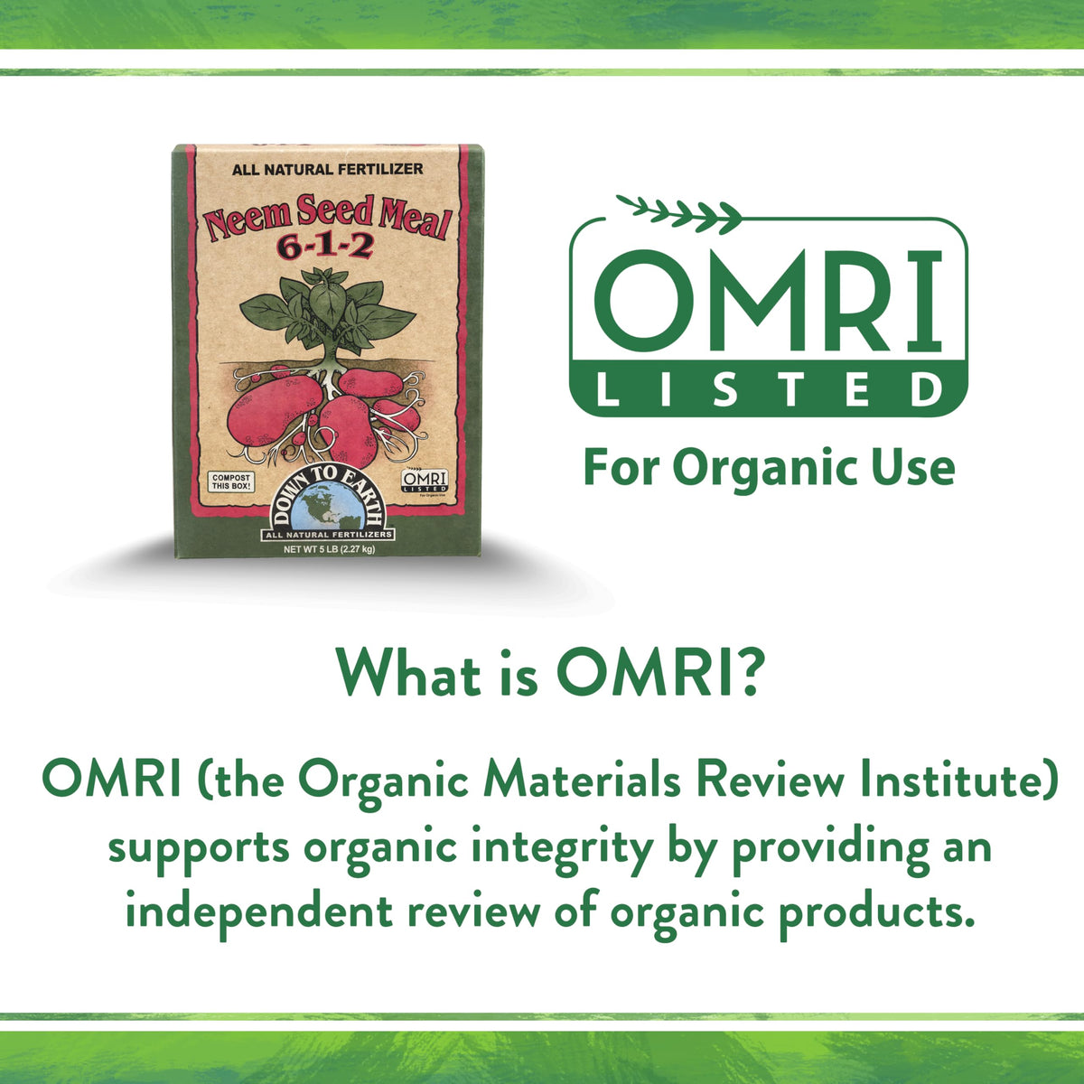 Label content on Neem Seed Meal indicating ingredients and benefits