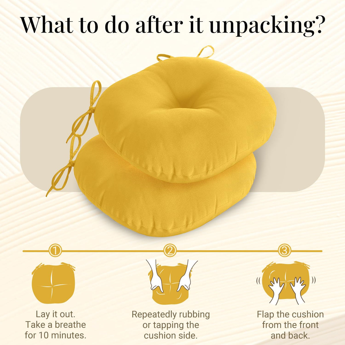 Downluxe Bistro Round Yellow Cushion on patio for outdoor use.