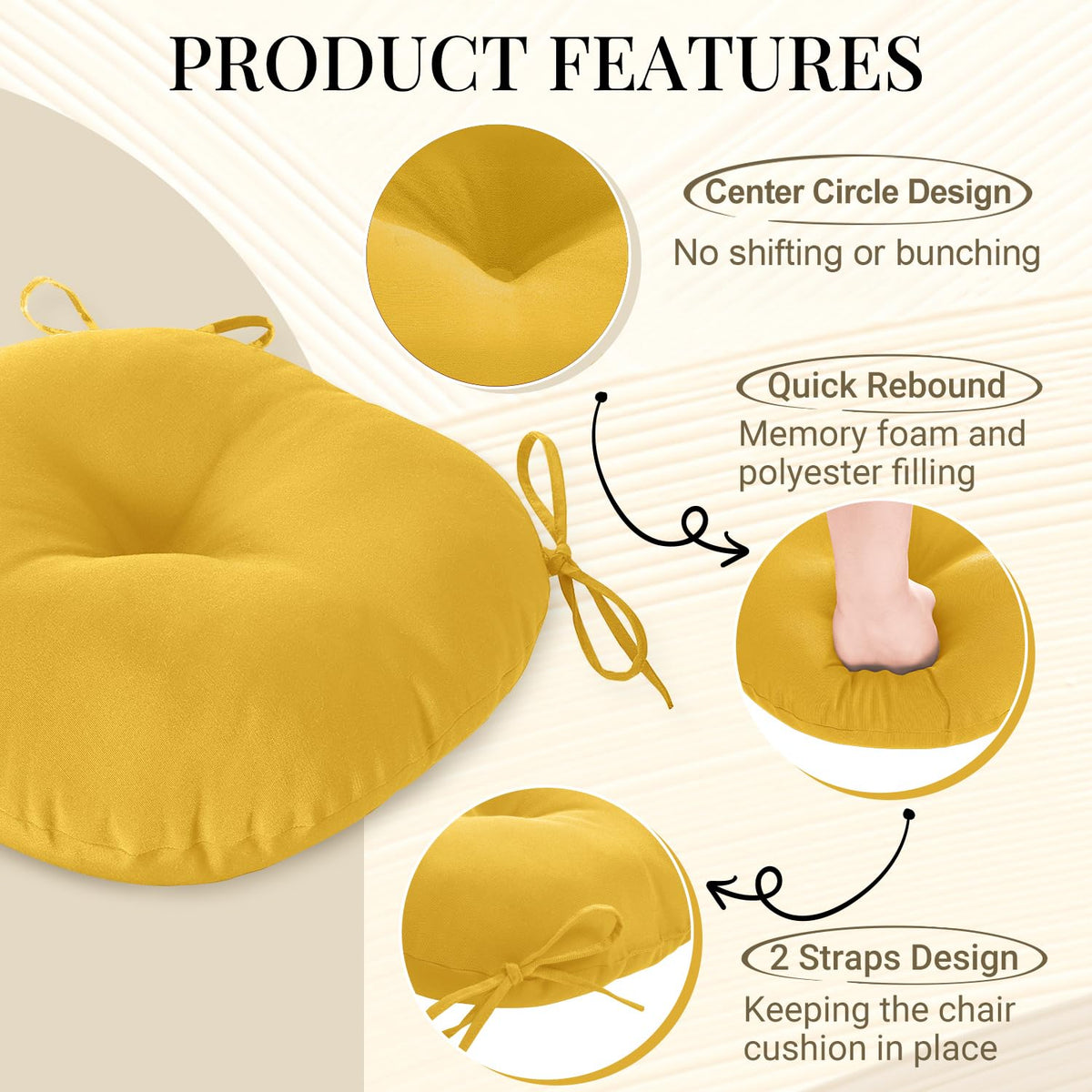 Downluxe Bistro Round Yellow Cushion two ties securely fasten to chair.