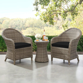 Downluxe cushions for garden and patio use; weather-ready, indoors recommended in rain.