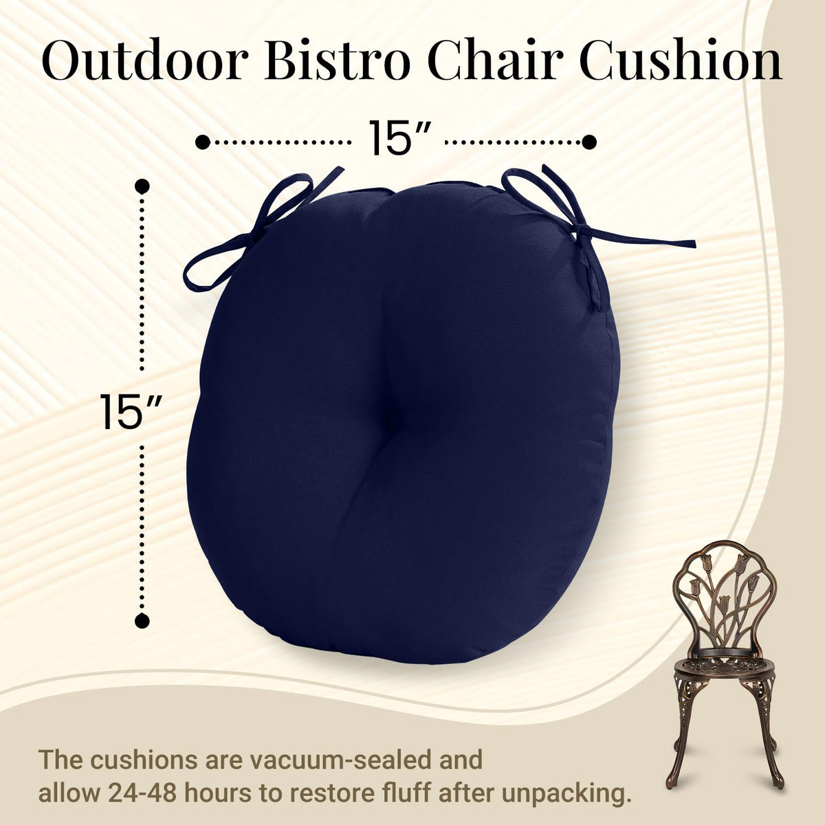 Downluxe navy cushion highlighting center-fill design for even distribution.
