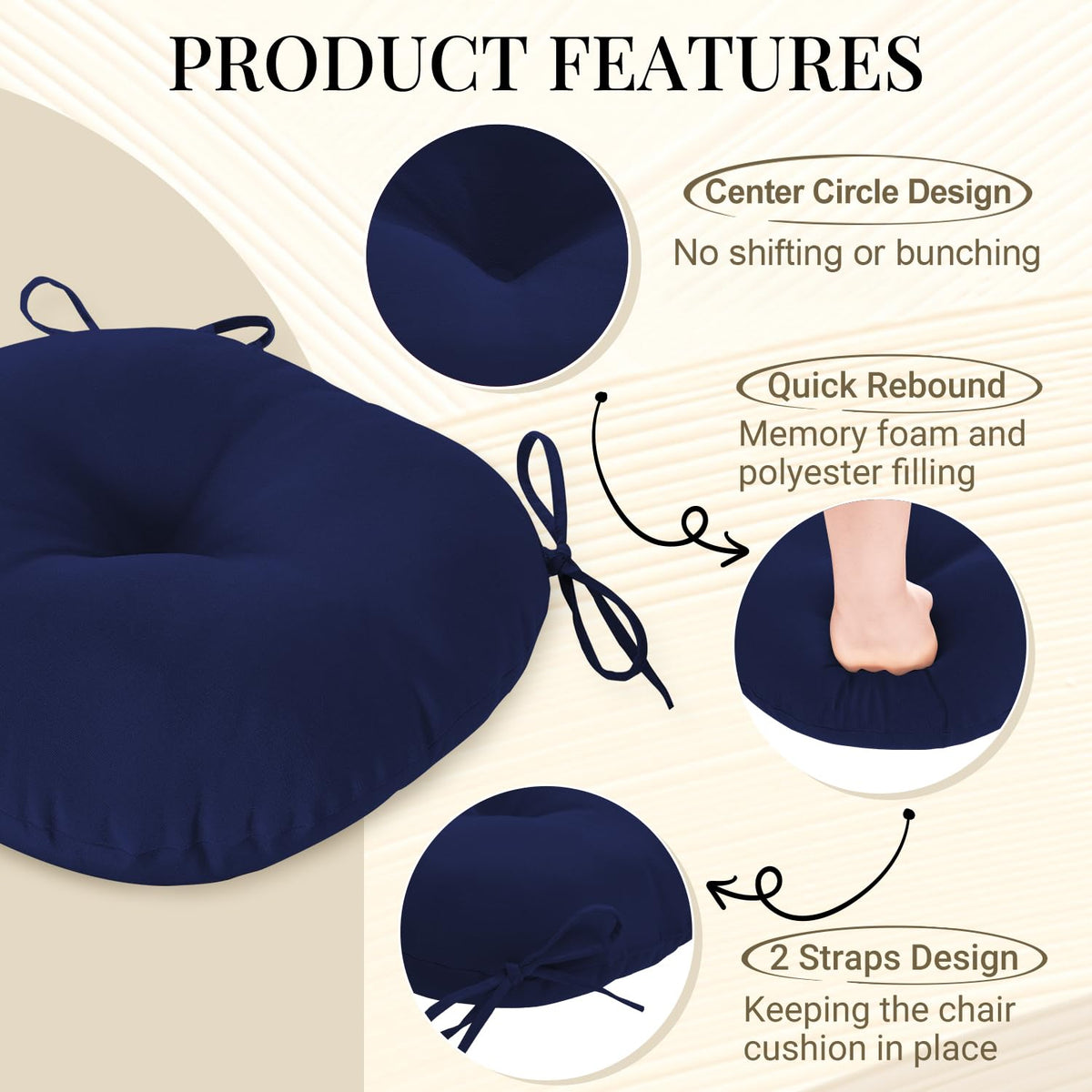 Downluxe cushion navy with two ties to keep seat securely in place.