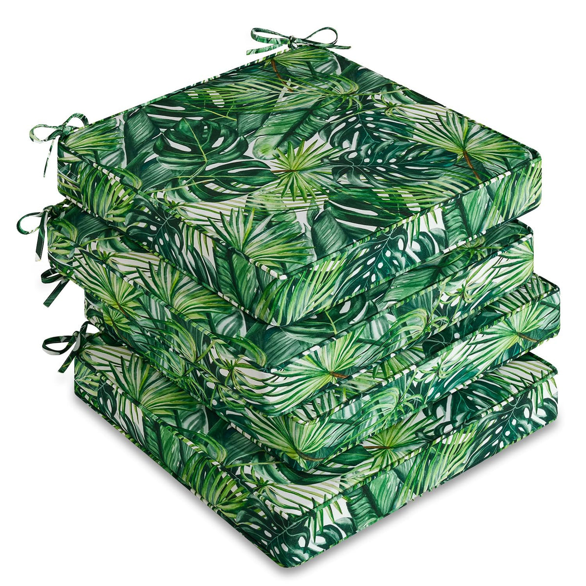 Downluxe four-pack outdoor chair cushions on patio with waterproof fabric for all-weather use.