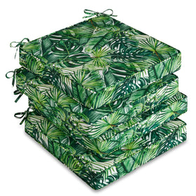 Downluxe four-pack outdoor chair cushions on patio with waterproof fabric for all-weather use.