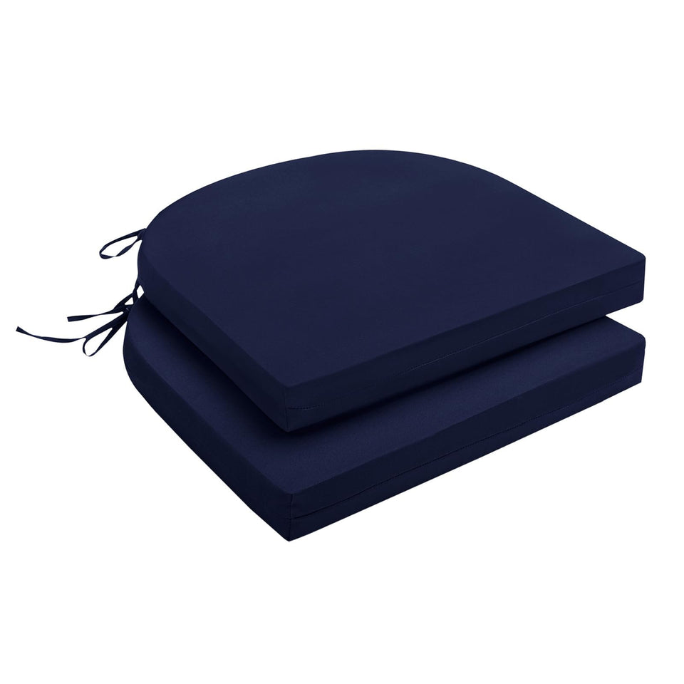 Downluxe navy outdoor chair cushions offer plush comfort for patios.