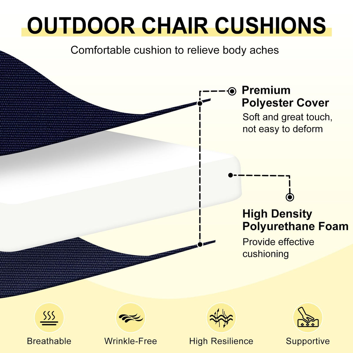 Downluxe cushions feature water-resistant polyester fabric for outdoor use.