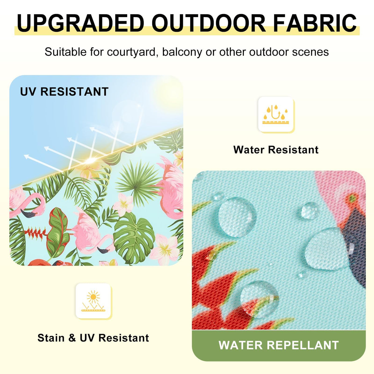 Downluxe outdoor chair cushion with tropical flamingo print secured by straps