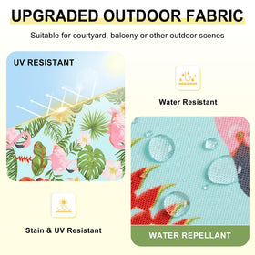 Downluxe outdoor chair cushion with tropical flamingo print secured by straps