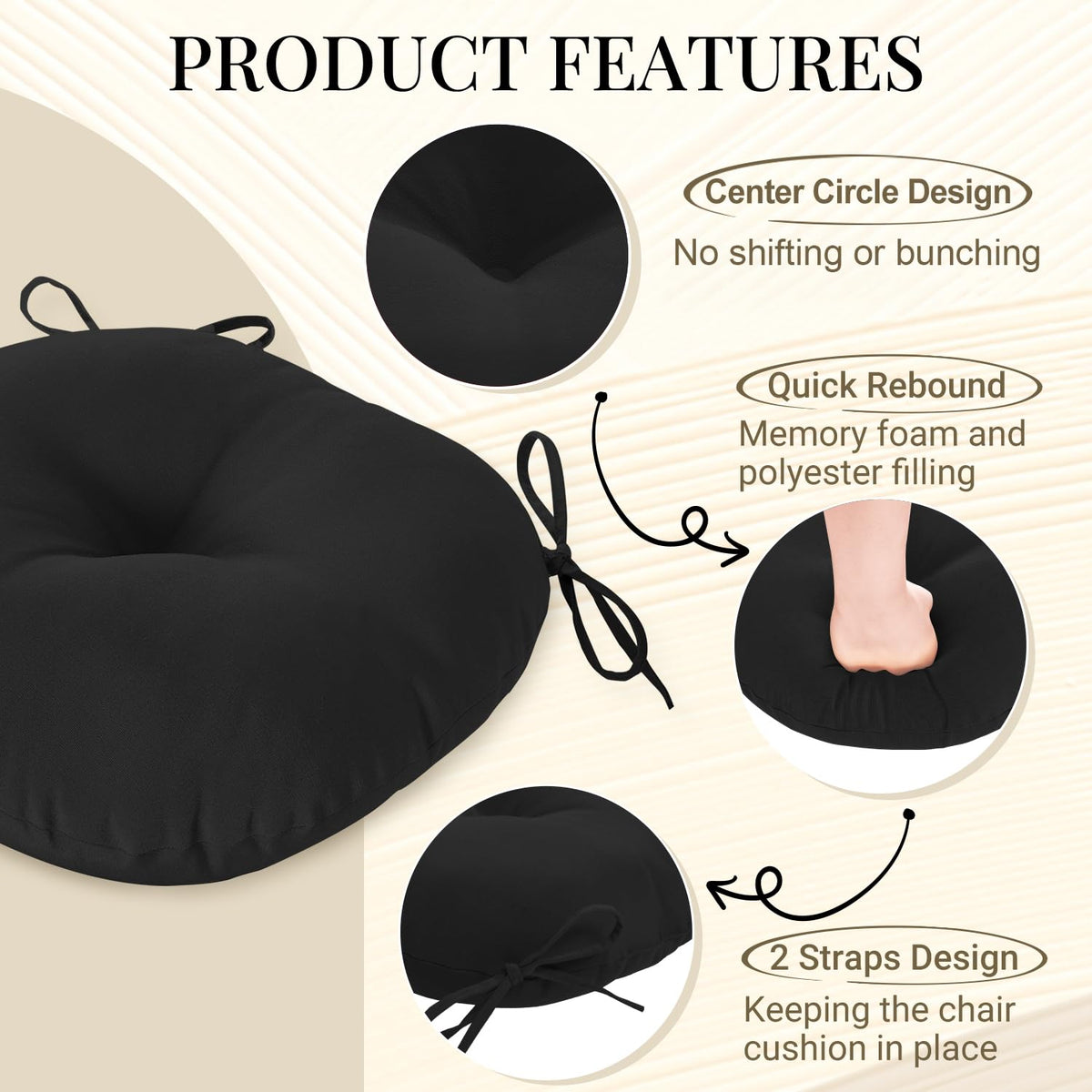 two ties secure cushion to chair edge for non slip