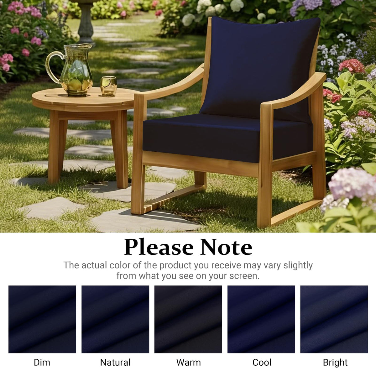 Downluxe navy outdoor cushions suitable for patios, decks, and gardens