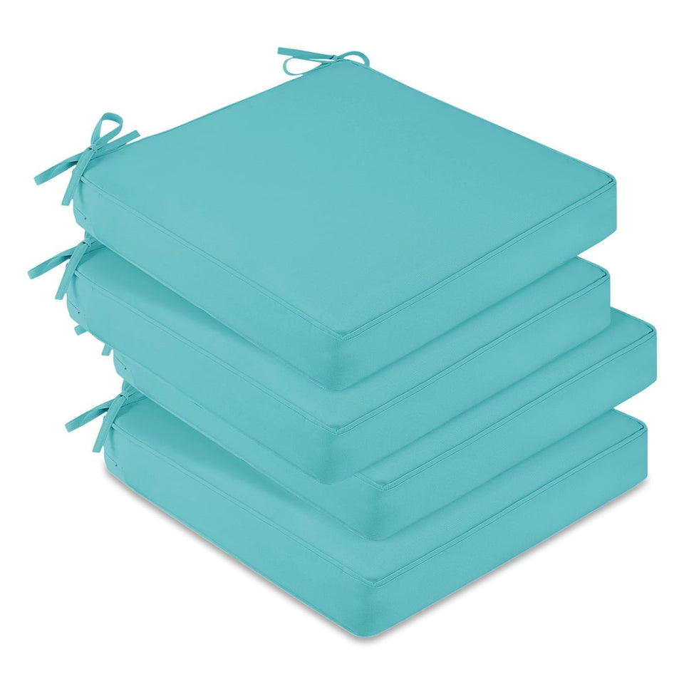 Downluxe teal cushions, front view, offer weatherproof outdoor seating comfort.