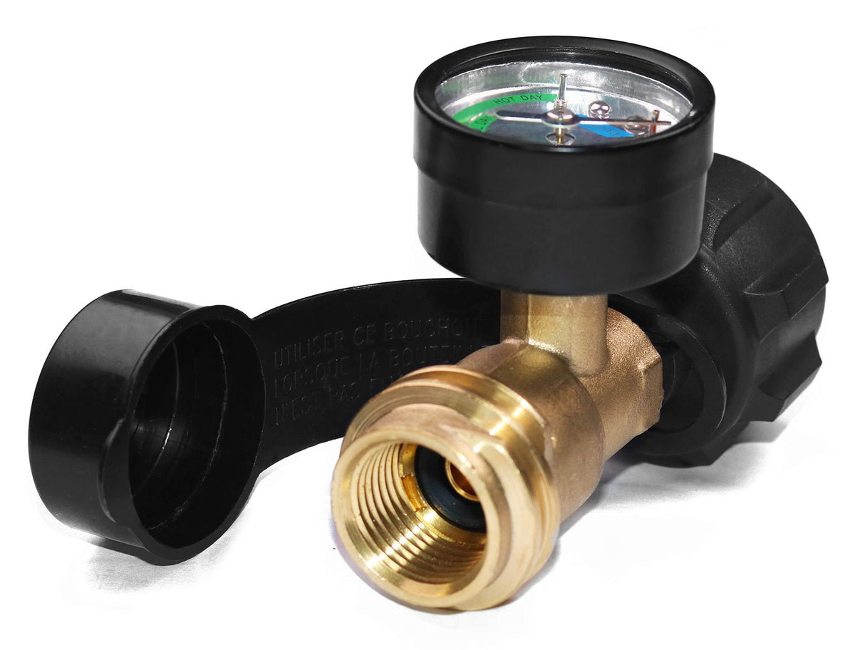 Dust cover and hand-tighten grip enable tool-free installation on a propane tank.