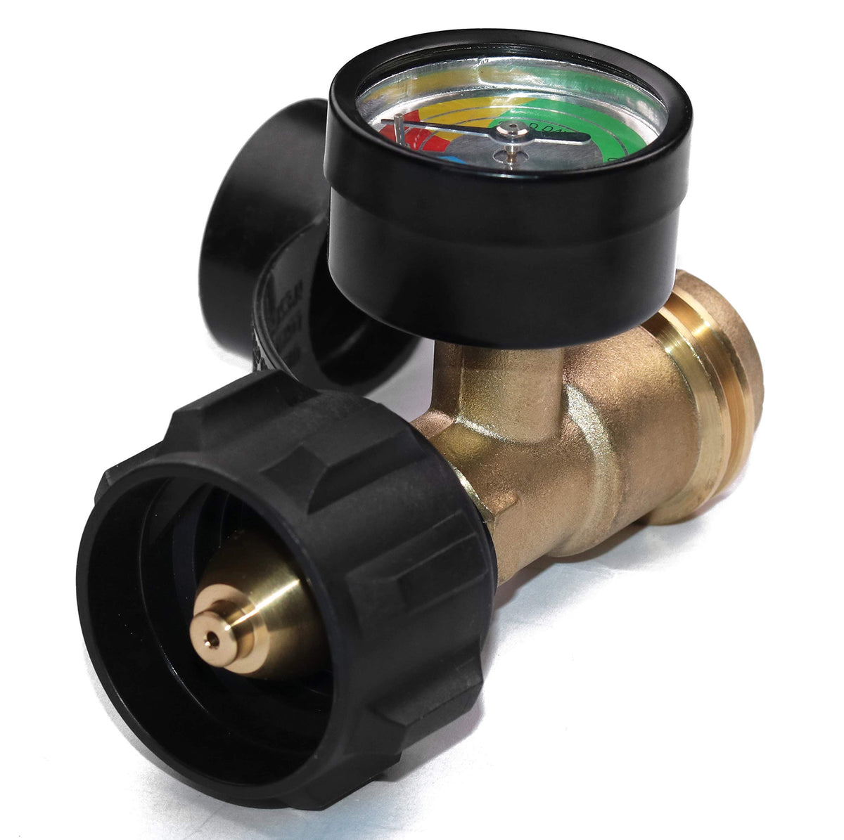 Gauge in use on a propane tank during BBQ or camping.