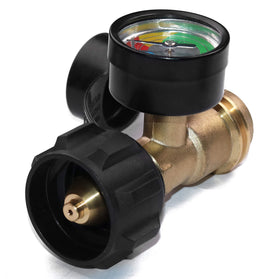 Gauge in use on a propane tank during BBQ or camping.