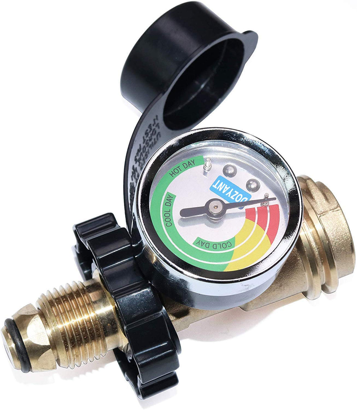 DOZYANT POL propane gauge visible on adapter, easy fuel level check for grilling.