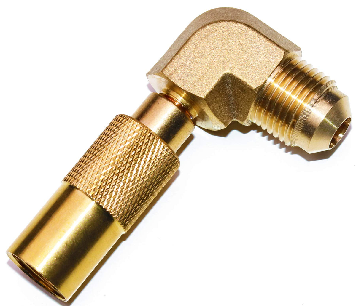 Dozyant propane elbow adapter with three-eighths flare for a secure connection.