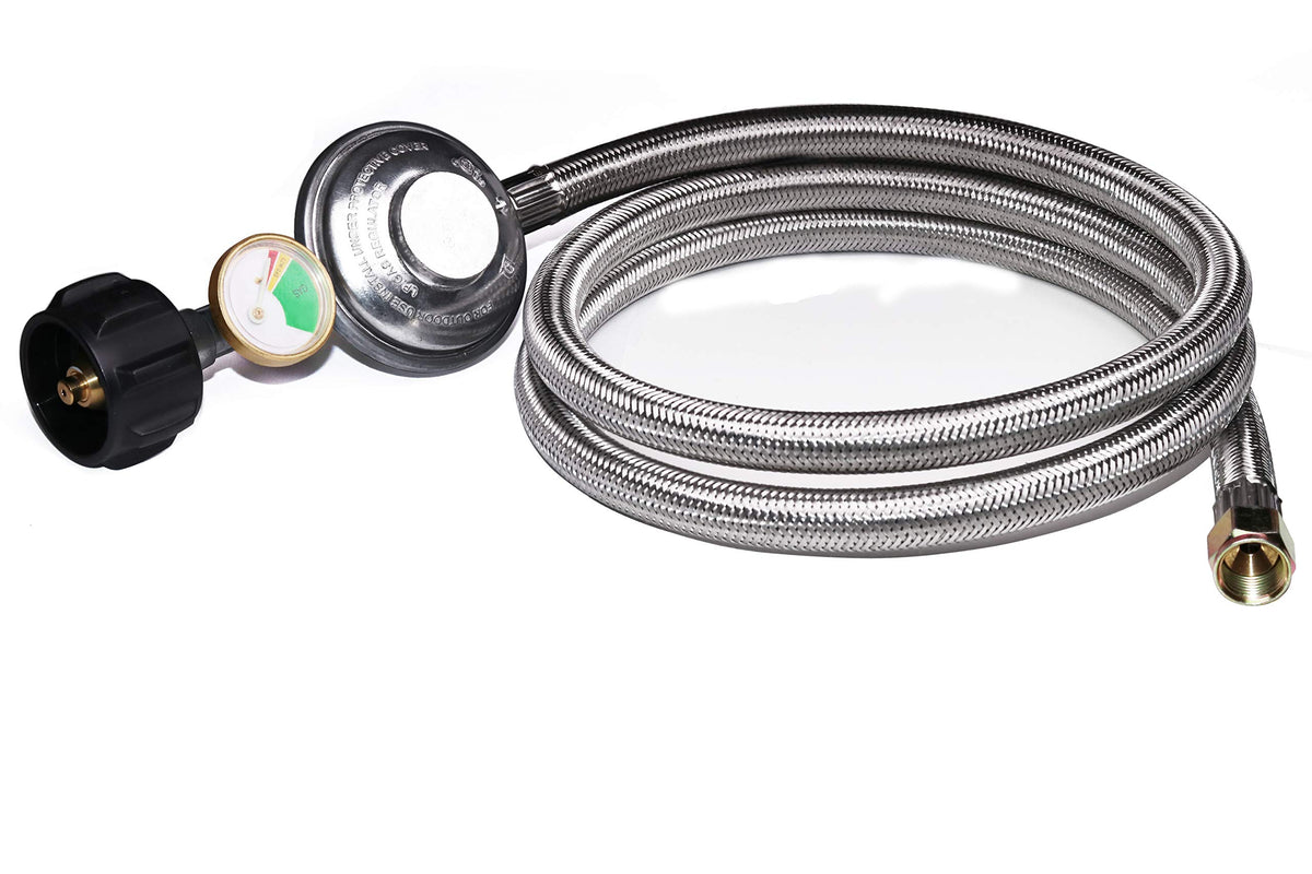 DOZYANT propane regulator hose with tank gauge for precise fuel monitoring during grilling.