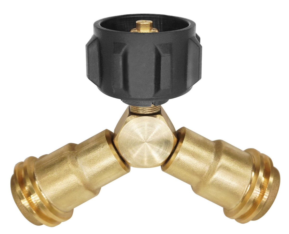 DOZYANT propane splitter 2-way tee connects two appliances from one tank.