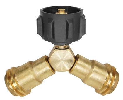 DOZYANT propane splitter 2-way tee connects two appliances from one tank.