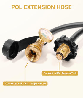 DPB bright gauge display on propane hose for quick fuel status checks.