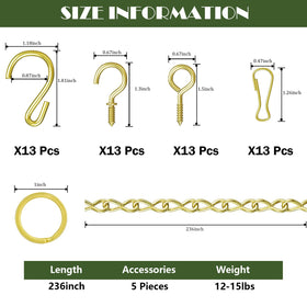 Dpyrrhic chain with hooks and clips enables customizable hanging setups for multiple items.
