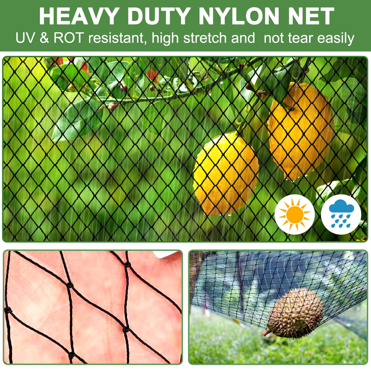 DQS netting with orange corner ropes for easy untangling and sizing.
