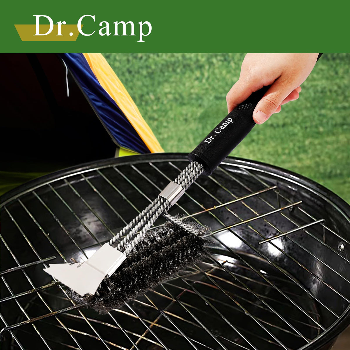 Dr.Camp dishwasher safe grill brush designed for effortless cleanup after barbecue sessions