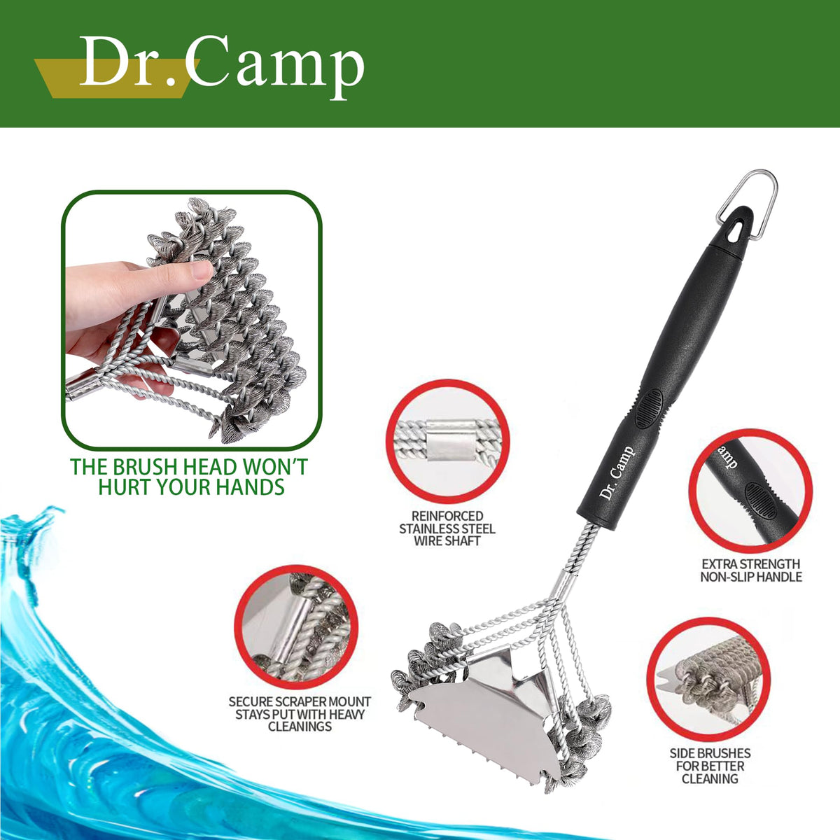 Dr.Camp ergonomic grill brush reduces hand fatigue during longer cleaning tasks