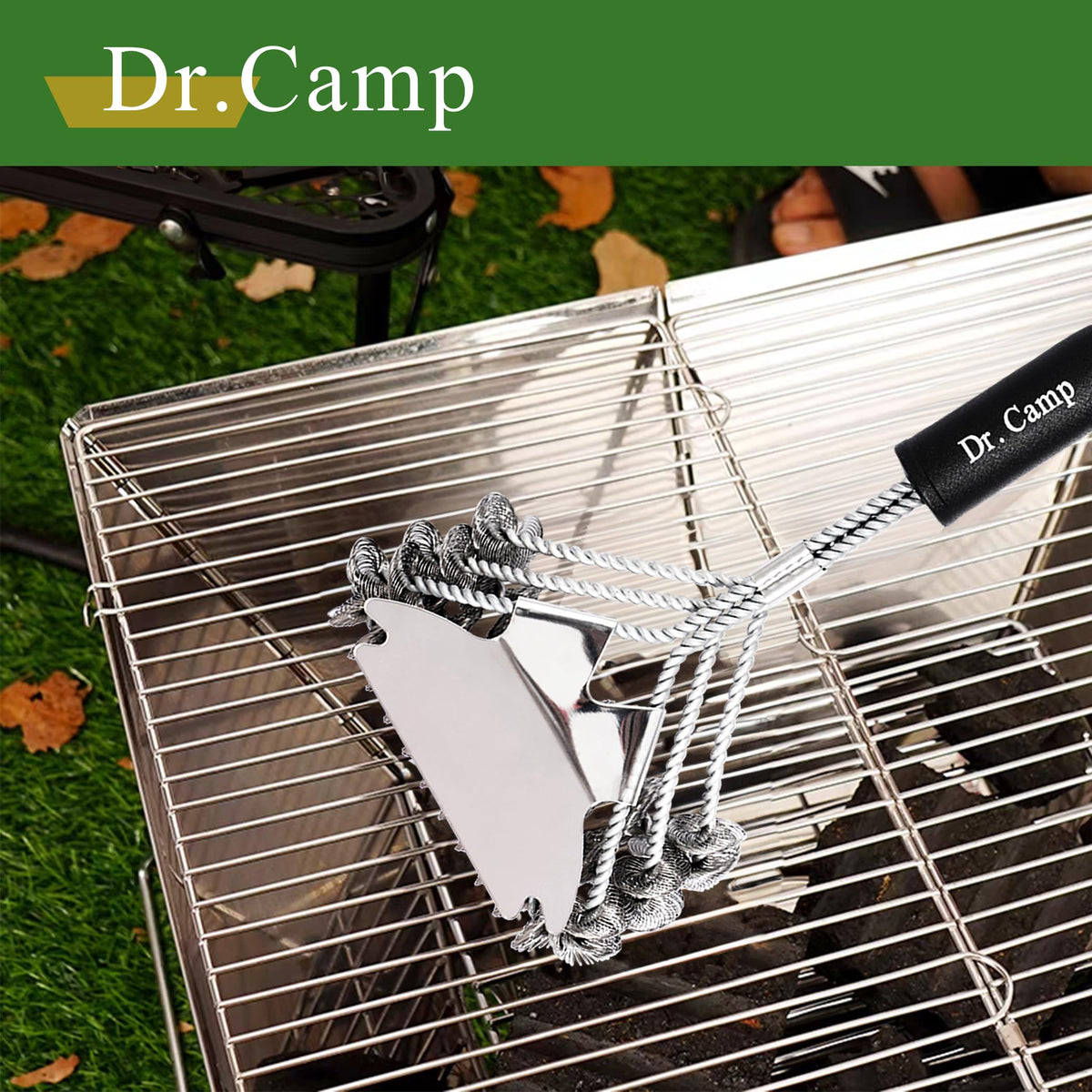 Dr.Camp grill brush with rust resistant steel and non slip silicone grip for comfortable use