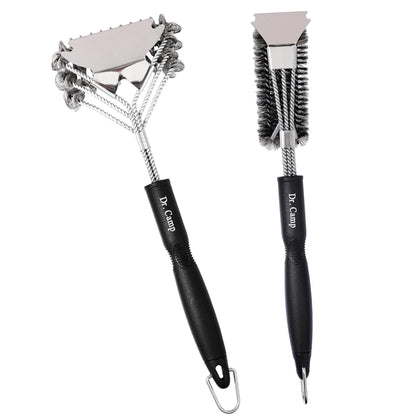 Dr.Camp two piece stainless steel grill brushes with 17.5 inch reach for easy outdoor cleaning