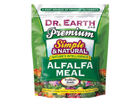Dr. Earth Alfalfa Meal Plant Food 3lb front label boosts soil nutrients