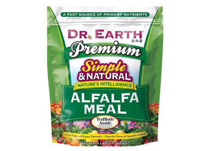Dr. Earth Alfalfa Meal Plant Food 3lb front label boosts soil nutrients