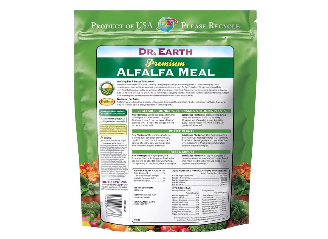 Dr. Earth Alfalfa Meal Plant Food 3lb in garden soil supports healthy growth