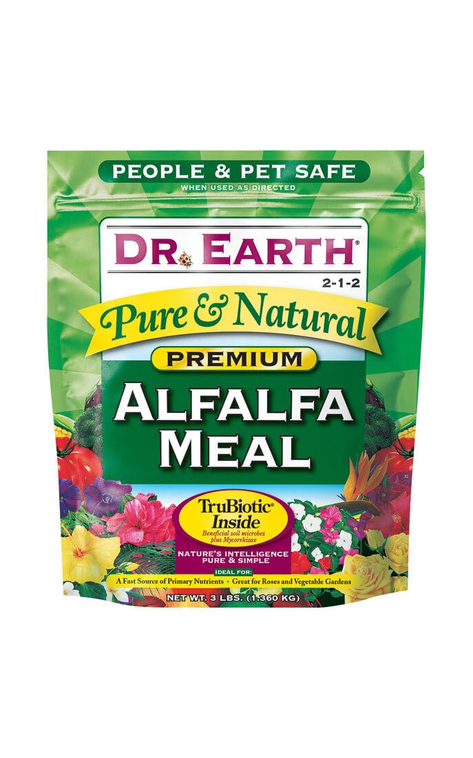 Dr. Earth Alfalfa Meal Plant Food 3lb label close-up highlights natural ingredients