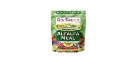 Dr. Earth Alfalfa Meal Plant Food 3lb scoop demonstrates easy measurement for gardeners