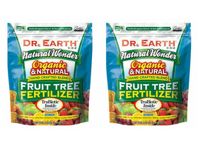 Dr. Earth fruit tree organic fertilizer bags shown for home orchard use.