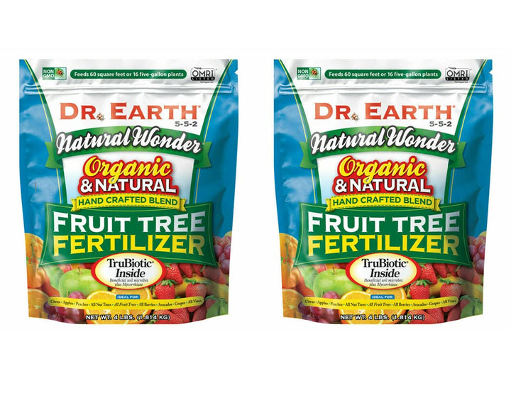 Dr. Earth fruit tree organic fertilizer bags shown for home orchard use.