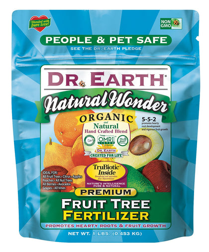Dr. Earth Natural Wonder fruit tree fertilizer bottle for nourishing citrus, apples, and berries.