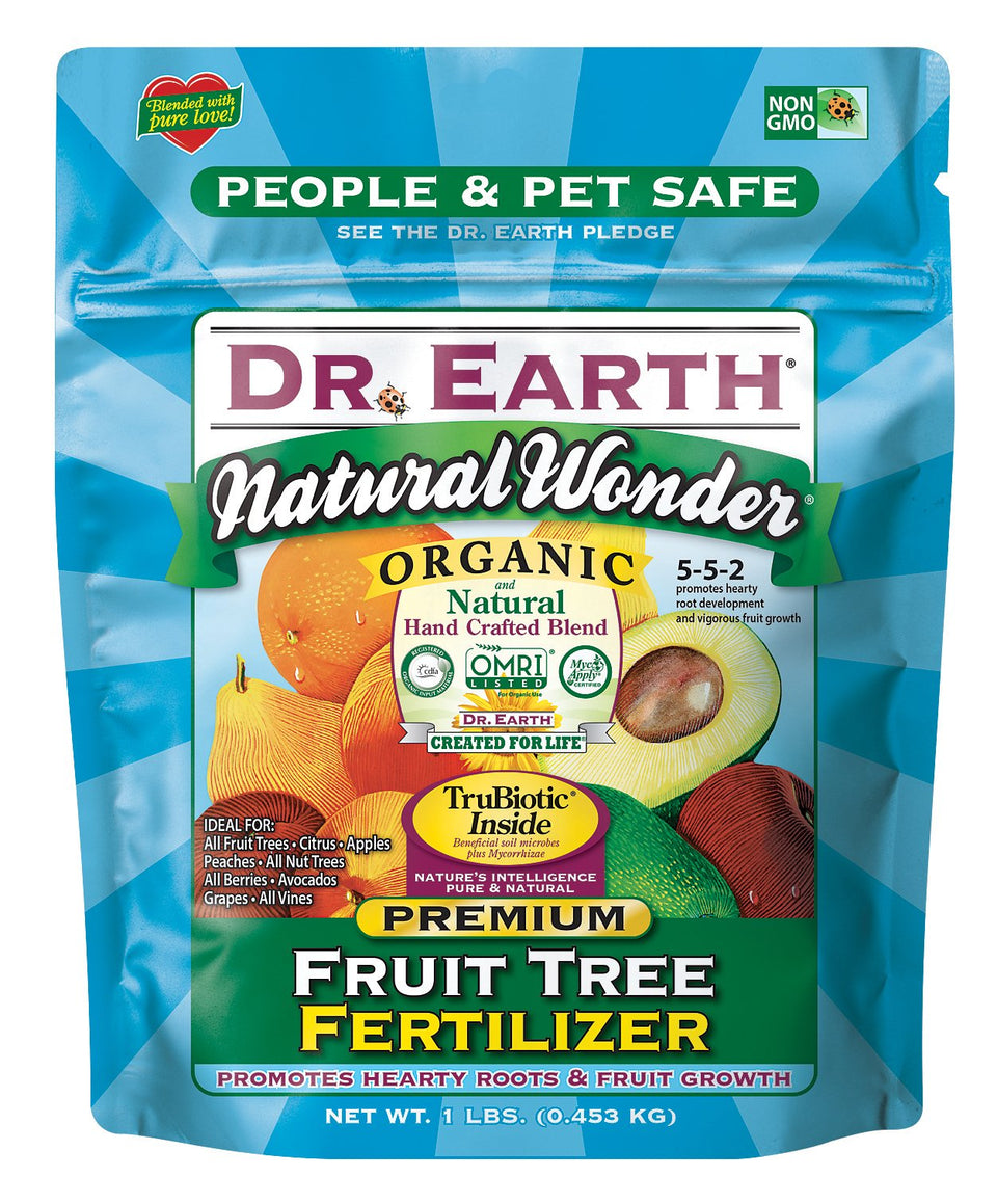 Dr. Earth Natural Wonder fruit tree fertilizer bottle for nourishing citrus, apples, and berries.
