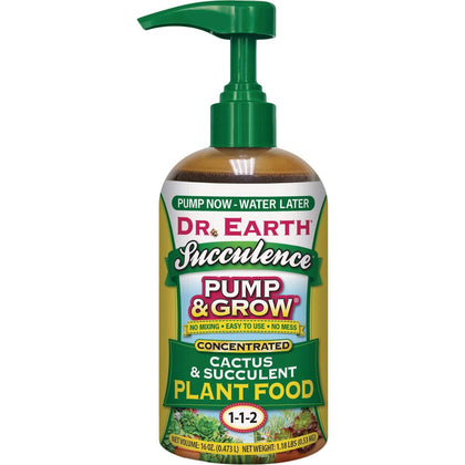 Dr. Earth Pump & Grow succulence bottle for easy two-week feeding of cacti and succulents.