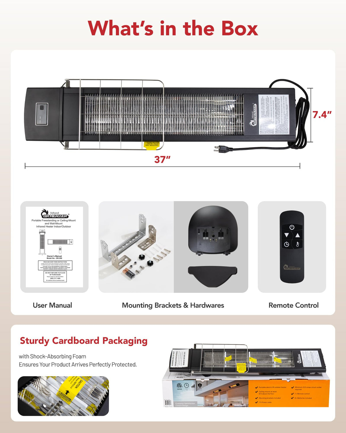 DR. INFRARED HEATER DR-298 tip-over protection enhances safety in busy spaces